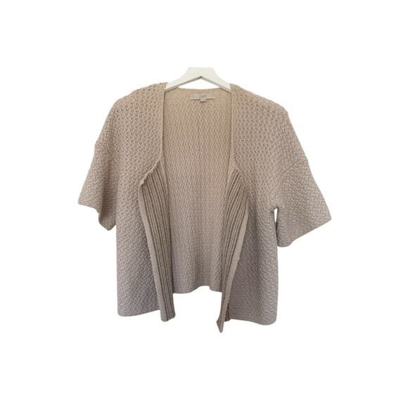 LOFT Tan Cream Knit Open Front Cardigan Short Sleeve Shrug Sweater Size Medium - Picture 1 of 6